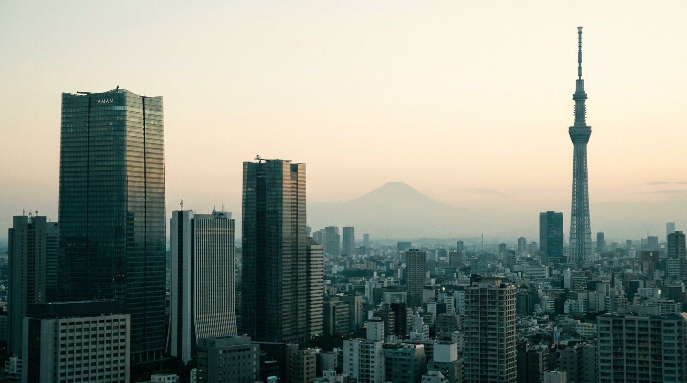 The Tokyo skyline at dusk, Mount Fuji faint on the horizon.